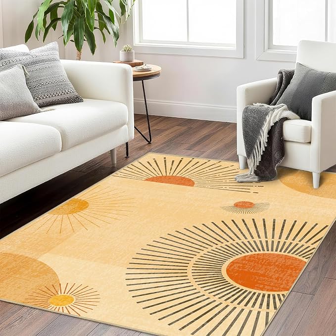 Sun Large Area Rug 4x6 for Living Room Mid Century Modern Rugs Machine Washable Boho Geometric Rug Non Slip Printed Low Pile Indoor Floor Carpet for Dining Room Bedroom Office,Yellow