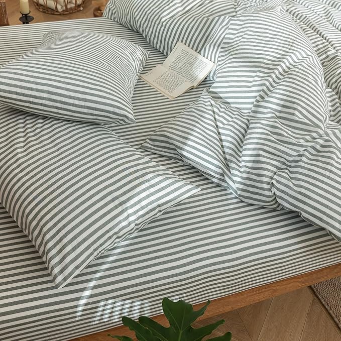 MooMee Striped Duvet Cover Set 100% Washed Cotton Linen Like Textured Breathable Durable Soft Comfy (Heathered Green Classic Stripes, Oversized King Plus 128"x120")