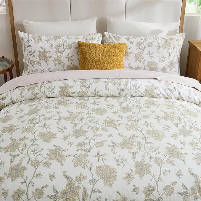 Cozeline 100% Cotton Duvet Cover King Size, Yellow Floral Bedding Set with Zipper Closure, 3 Pcs Breathable and Soft Chic Botanical Duvet Cover for All Season