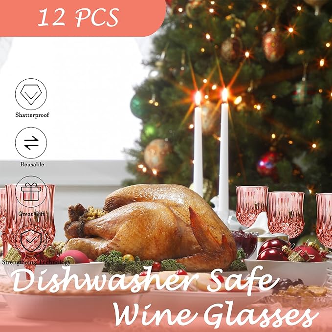 Plastic Wine Glasses, Plastic Goblets Vintage Style Cordial Drinking Glasses for Valentine’s Day, Wedding Reception, Grand Event Party Supplies (12, Rose Gold)