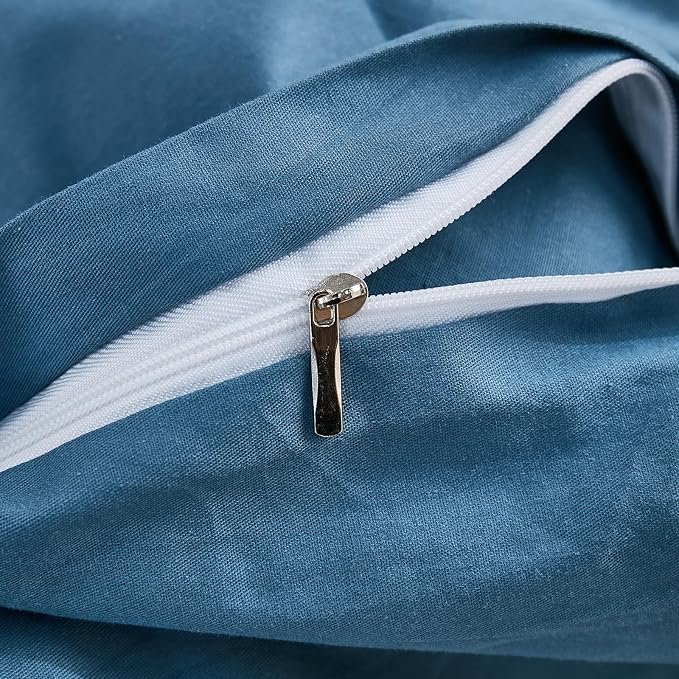 100% Washed Cotton Duvet Cover Queen Size – Dark Blue, Linen-Like Texture, Super Soft & Breathable Bedding Set, 3-Piece Durable Percale Comforter Cover
