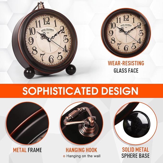 RODH Battery Alarm Clock,Night Light,Vintage Hangable Super Silent Non Ticking Analog Table Clock for Bedroom Bedside, Desk,Shelf