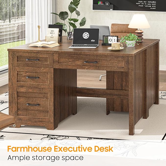 Vabches Farmhouse 47" Executive Desk with File Drawer, Wood Computer Desk with 3 Storage Drawers, Workstation for Home Office, Writing, Study,Red-Brown.