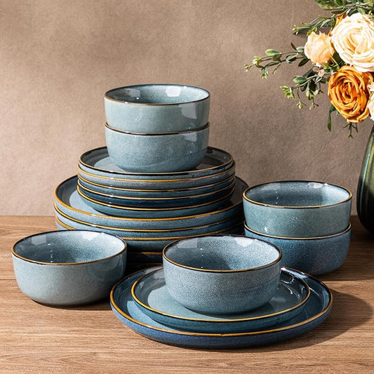 GBHOME Ceramic Dinnerware Sets for 6, 18 Pieces Stoneware Plates and Bowls Sets, Scratch Resistant Dishes, Dishwasher & Microwave Safe, Space Blue