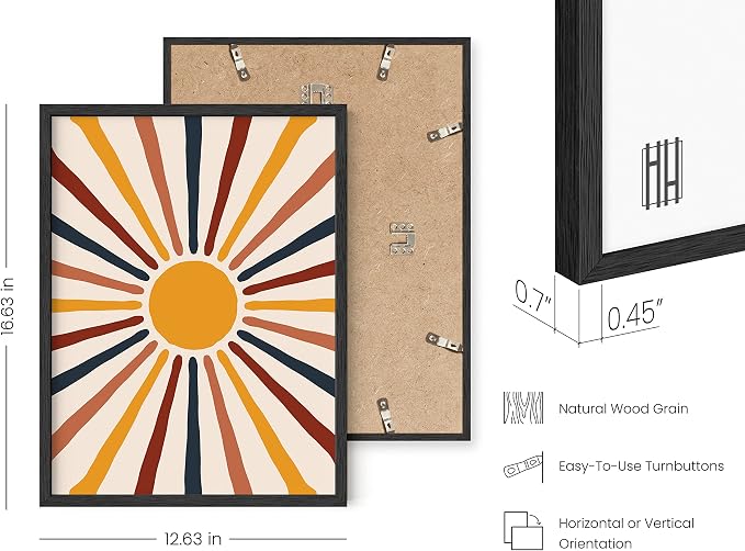 HAUS AND HUES Mid Century Modern Sun Wall Art - Boho Sun Print, Minimalist Abstract Art, Modern Poster for Living Room or Bedroom, Black Frame 12x16