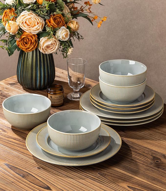 TheTerra Stoneware Dinnerware Sets for 4, 12 Pieces Ceramic Plates and Bowls Sets, Scratch Resistant Embossed Dish Set, Oven, Microwave & Dishwasher Safe, Desert Sage