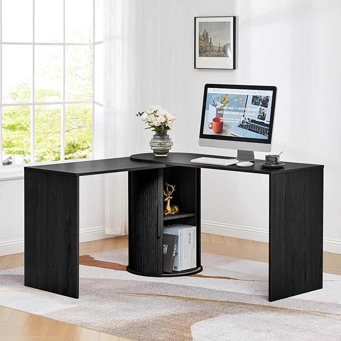 Fluted Computer PC Desk Table with Storage, Black Corner L Shaped Desk with Storage for Small Space, Modern Home Office Desk for Bedroom, for Writing, Executive, Study, Work - Black