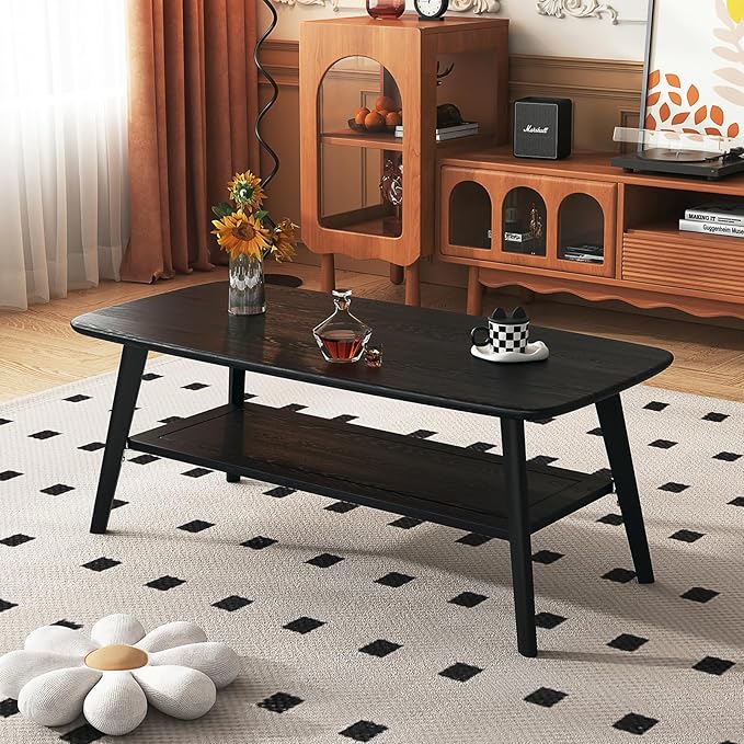 Coffee Table Small Solid Wood Center Table Mid Century Vintage Living Room Coffee Table, Black 39.37 Inch