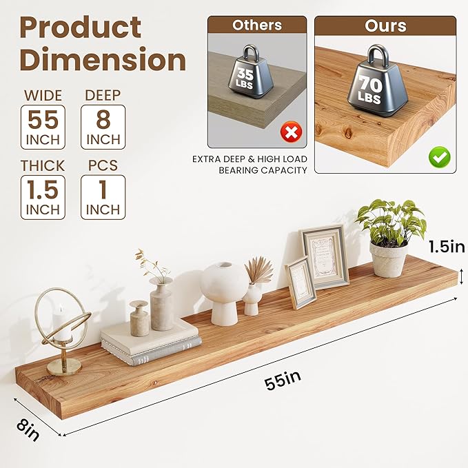 Extra Deep 55" Long Rustic Solid Wood Floating Shelves for Wall, Wall Shelves with Invisible Bracket for Living Room Bathroom Bedroom Kitchen, Set of 1, Walnut