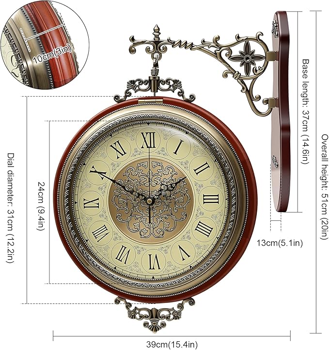 Large Vintage Double Sided Wall Clock with Glass & Copper Finish, Zinc Alloy & Solid Wood, Silent Battery Operated, Roman/Arabic Numerals for Living Room Office Decor (15.35x20.08 Inch)