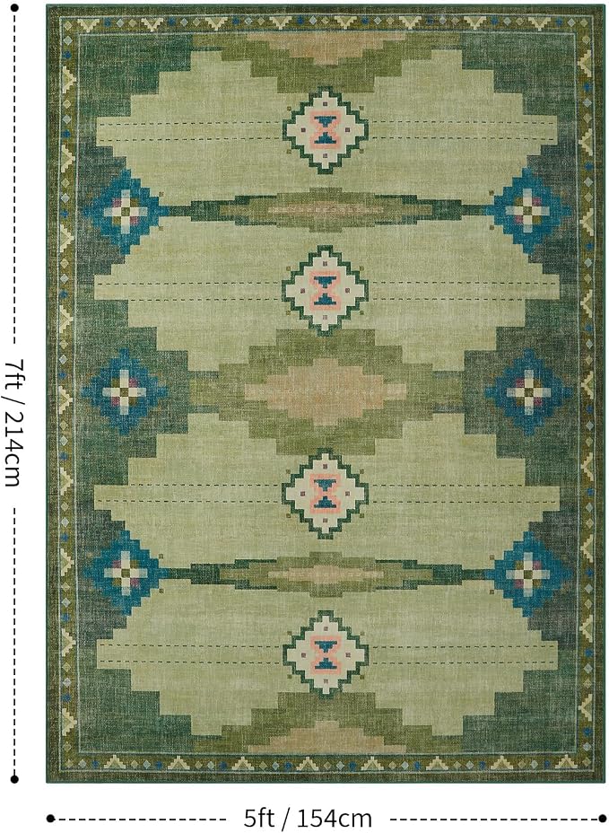 YIHOUSE Mid Century Modern Rugs for Living Room, Green Rug No-Slip Southwestern Area Rug 5x7 Washable Rugs for Bedroom, Dining Room