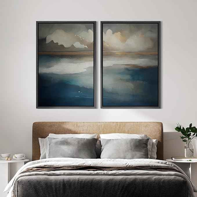 IDEA4WALL Framed Canvas Print Wall Art Set Ocean Cloudscape Blue and Beige Abstract Seascape Illustrations Modern Art Decorative Bohemian Calm/Zen for Living Room, Bedroom, Office - 24"x36"x2 Black