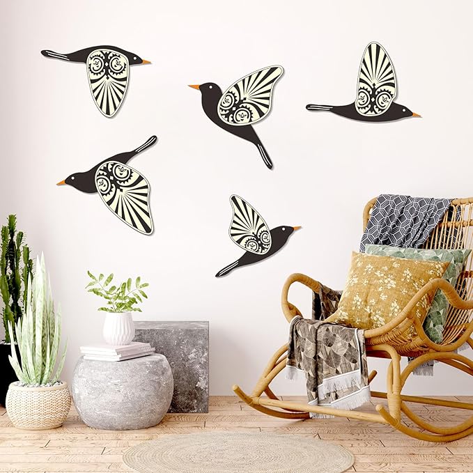 KOYILTD 5 Piece Wooden Bird Wall Decor Sculptures Wood Boho Flying Bird Wall Art Scandinavian Home Wall Decor for Farmhouse Living Room Bathroom Dining Room Kitchen Office (Rustic)