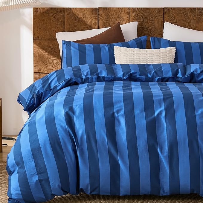 Merryword Blue Striped Duvet Cover Set King Size, 100% Natural Cotton Linen Like Duvet Cover Set with Zipper Closure & 8 Corner Ties, Dark Blue Soft Reversible Bedding for All Seasons