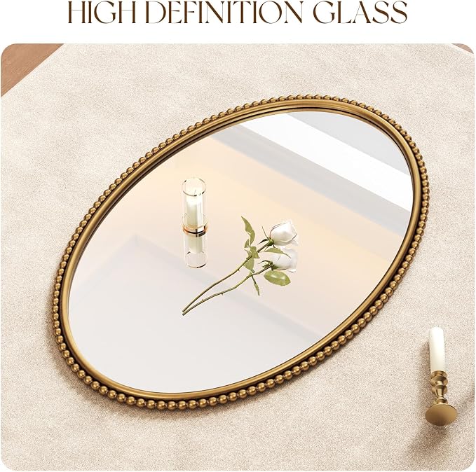 Uniclinens Gold Oval Beaded Mirror Decor - Large Decorative Vintage Oval Mirror for Wall Decor 24"X36" with Metal Frame, Ideal for Entryway, Fireplace, Living Room, Hallway, Bathroom