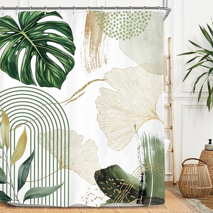 Miyotaa Abstract Ginkgo Olive Green Shower Curtain Set 60Wx71H Inches Minimalist Aesthetic Modern Contemporary Plant Leaves Polyester Waterproof Cloth Bathroom Curtain with 12 Hooks