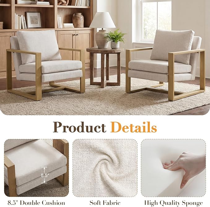 CIMOTA Modern Accent Chair Mid Century Armchair with 8.5" Thick Cushion & Armrests Comfy Linen Fabric Reading Lounge Chair with Metal Frame for Living Room Bedroom Office, Natural Wood Finish Beige