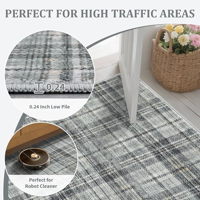 Washable Rugs 4x6 Rug for Living Room Modern Plaid Rugs for Bedroom Tartan Farmhouse Non Slip Entryway Rug Soft Stain Resistant Carpet for Nursery Entrance Dining Room 4'x6' Greenish Grey