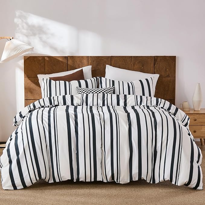 Merryword Black and White Striped Duvet Cover Set Queen Size - 100% Cotton Duvet Cover Set with Vertical Stripe Design, Soft Breathable Comforter Cover for All Seasons