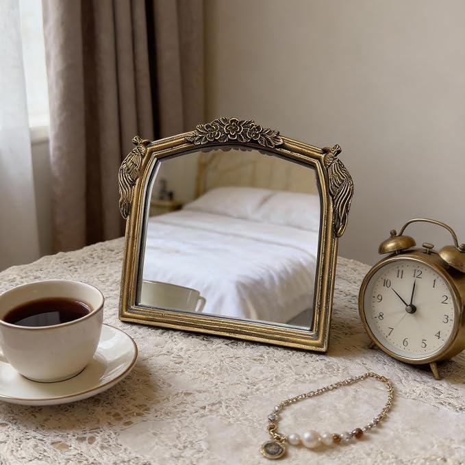 Vintage Vanity Desk Mirror -7x8Inch Wall-Mounted & Tabletop Decorative Ornate Gold Accent Retro Makeup Mirror for Bedroom Dresser Living Room Bathroom Dorm Champagne Gold