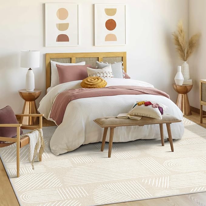 MUJOO 8x10 Washable Area Rug,Mid Century Modern Abstract Non Slip Low Pile Rug,Neutral Beige and White Large Rug for Living Room Bedroom Dining Room