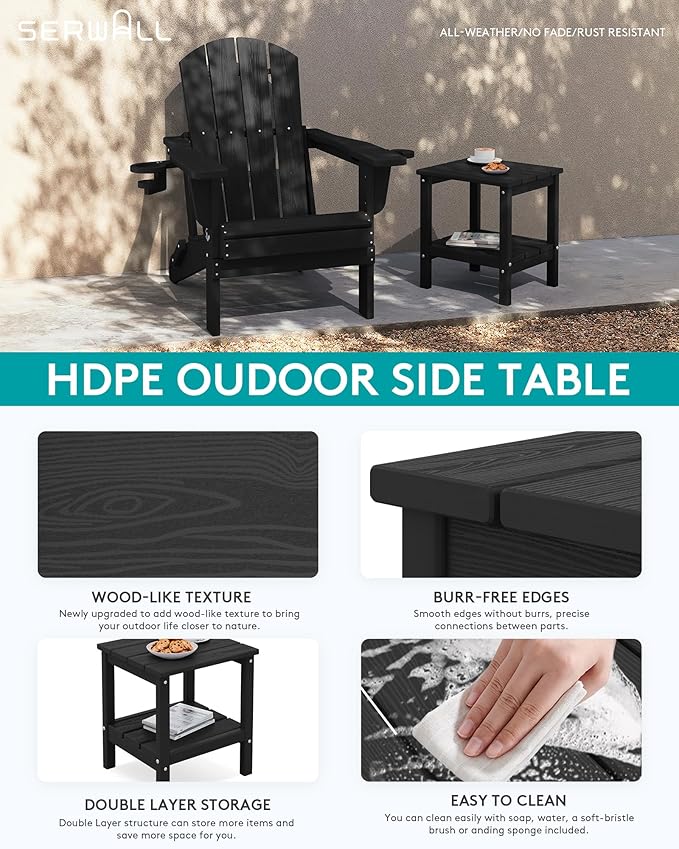 SERWALL 2-Tier HDPE Outdoor Side Tables Set of 2, Weatherproof Rectangular Adirondack Side Table, Black