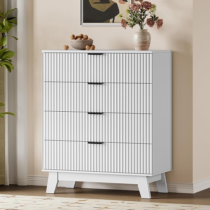 39" Tall Dresser for Bedroom, 4-Drawer Fluted Chest of Drawers, Modern Wood Highboy with Deep Storage, Metal Slides & Handles, Anti-Tip Kit, Vertical Clothes Organizer for Apartment, Nursery