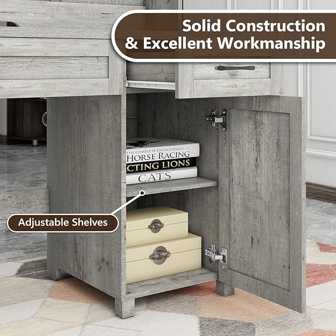 Vabches Farmhouse 47" Executive Desk, Computer Desk with 2 Drawers, LED Light and Storage Cabinet, Home Office Desk with Hutch, Charging Hub, Workstation for Home Office and Study(Grey