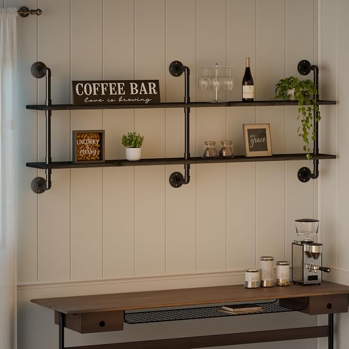 HDDFER Floating Shelves Wall Bookshelf Industrial Pipe Shelving Shelves Real Wood Planks 70 inch Rustic Wall Shelves Hanging Bookshelves Farmhouse Kitchen Bar Shelving