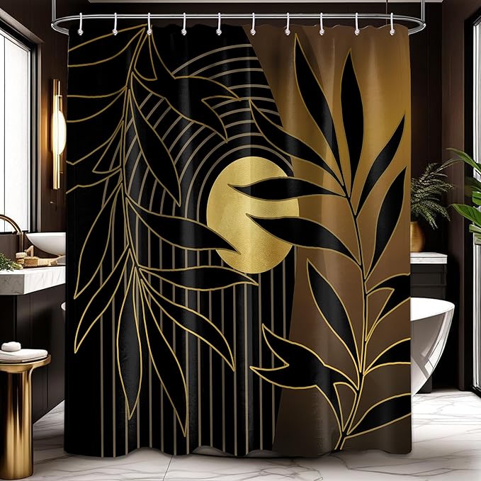 Black and Gold Boho Shower Curtain, Mid Century Modern Shower Curtains for Bathroom, Mens Bath Curtain Set, Waterproof Fabric with Hooks, 60" W x 72" L (Pack of 1)