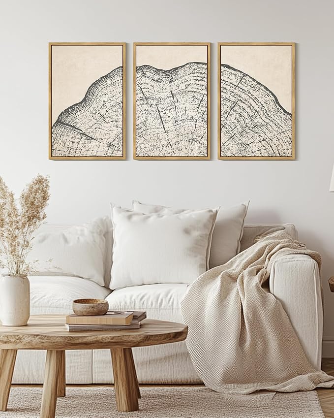 KUVIOKE Framed Tree Rings Wood Wall Art Modern Retro Beige Wood Stump Wall Decor Nature Abstract Art Print for Living Room Bedroom 16x24in (Natural Framed)