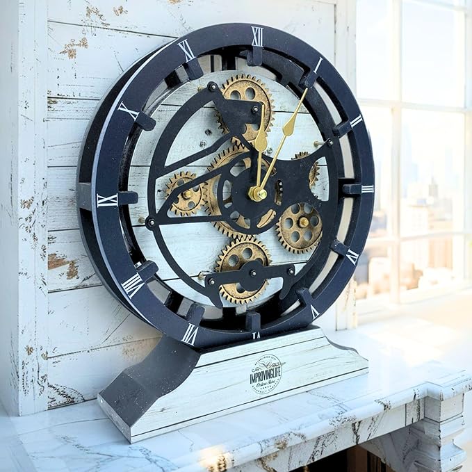 ImprovingLife The Gears Clock Desk Clock 10 inches with Real Moving Gears Convertible into Wall Clock (White Farmhouse)