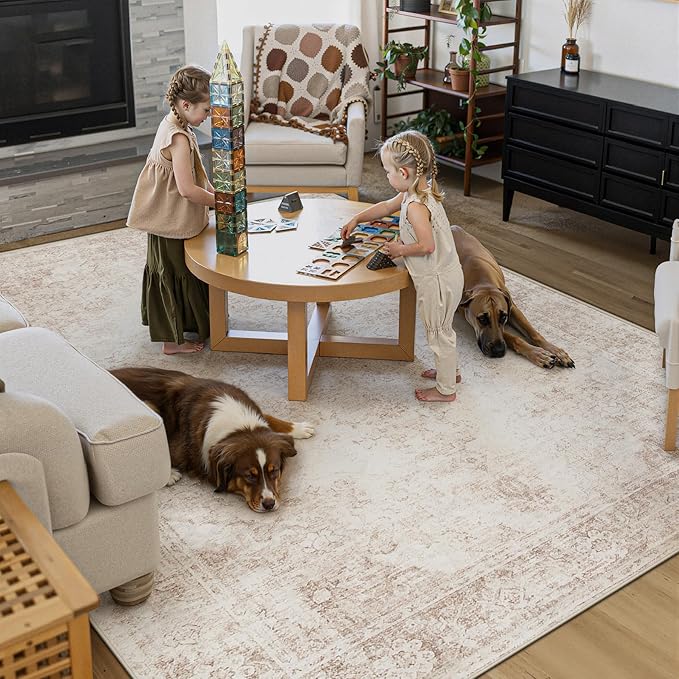 Area Rug 8x10 Vintage Rug: Large Washable Indoor Medallion Rugs Low Pile Distressed Floor Carpet Retro Accent Rug for Living Room Bedroom Kitchen Dining Table Home Office(Retro Beige, 8'x10')