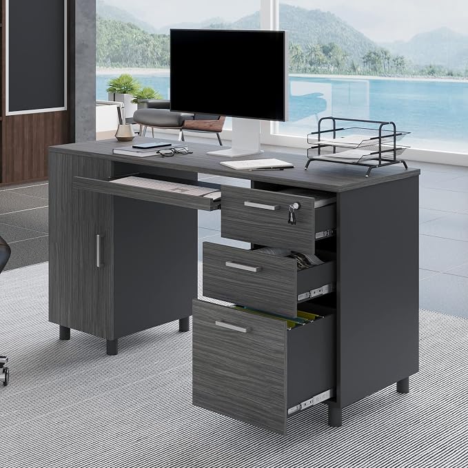 Modern Design Venice Computer Desk with Lockable Drawers, 53 Inch Home Office Desk with Storage Cabinet, Keyboard Tray & Cable Management, Modern Study Writing Desk for Small Spaces, Black and Grey