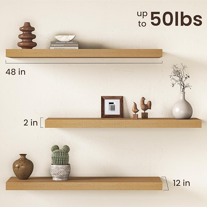 Oak Floating Shelves 48Inch Long, 12 Inch Deep Floating Shelves for Wall, 48 x 12 Large Floating Shelf for Fireplace Mantel, 2" Thicked Rustic Wall Shelves for Living Room, Bedroom Storage, 2 Packs