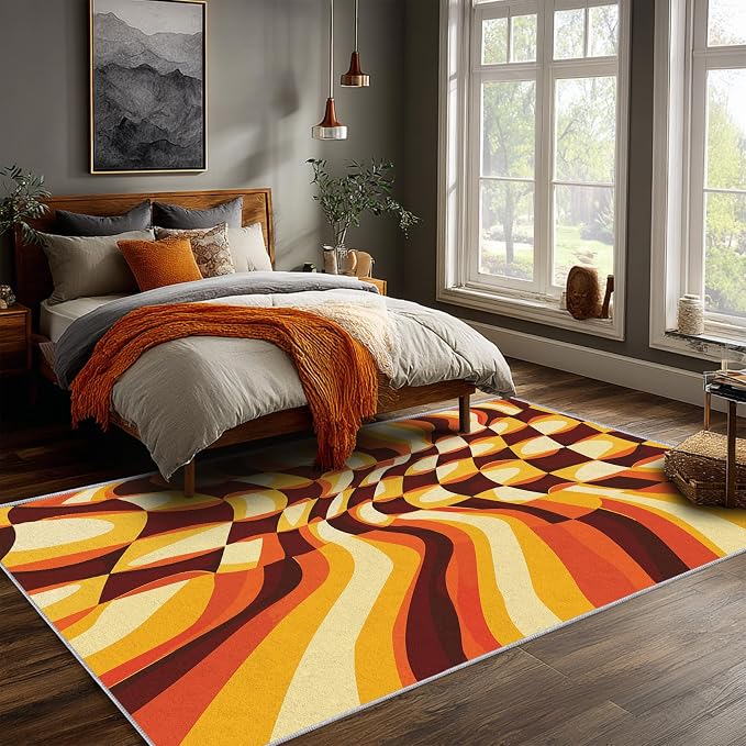 70s Retro Rugs 6x9, Orange Brown Abstract Washable 6 x 9 Area Rug for Living Room, Bedroom, Low Pile Non Slip Stain Resistant Carpet, 70s Orange Home Decor Accessories & M835