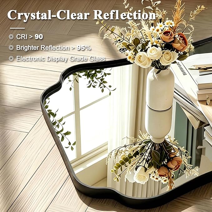 ANDY STAR Bathroom Vanity Mirror, 24x30 Matte Black Rectangle Mirror with Scalloped Round Corner, Vintage Asymmetrical Metal Wall Mirror for Entryway, Living Room