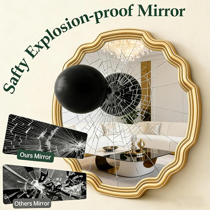 Decorative Gold Round Wave Mirror 26" Scalloped Edge Circle Mirror Wall Decor for Bathroom Entryway Fireplace Living Room Bedroom Hallway with Shatterproof Glass