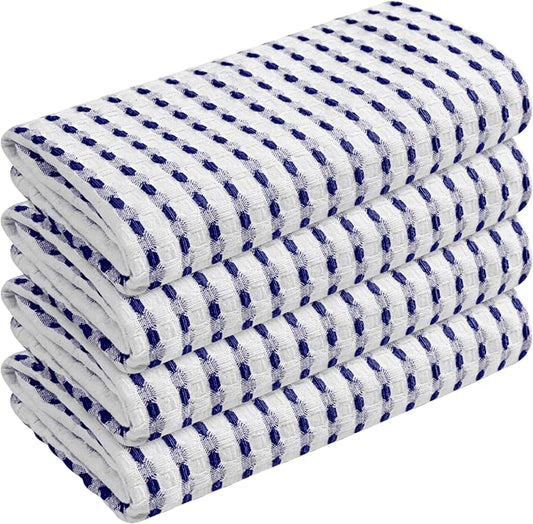 TWINY threads Waffle Kitchen Towels 4 Pack, 16x26 Inches Absorbent Waffle Weave Dish Cloth Set for Drying Dishes, Soft, Durable & Machine Washable Tea Towel, Quick Dry, Indigo Blue, White