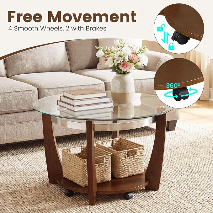GOFLAME Glass Coffee Table with Storage, 32” Rolling Round Center Table with Tempered Glass Top, Solid Rubber Wood Legs, Wheels, Mid-Century Modern, 2-Tier Circle Tea Tables for Living Room (Walnut)