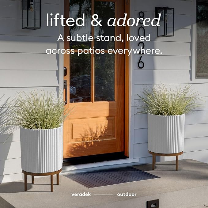 Veradek Demi Series Round Planter w/Stand for Porch/Patio | Durable Plastic-Stone Composite & Wooden Stand | Modern Décor for Tall Plants, Flowers