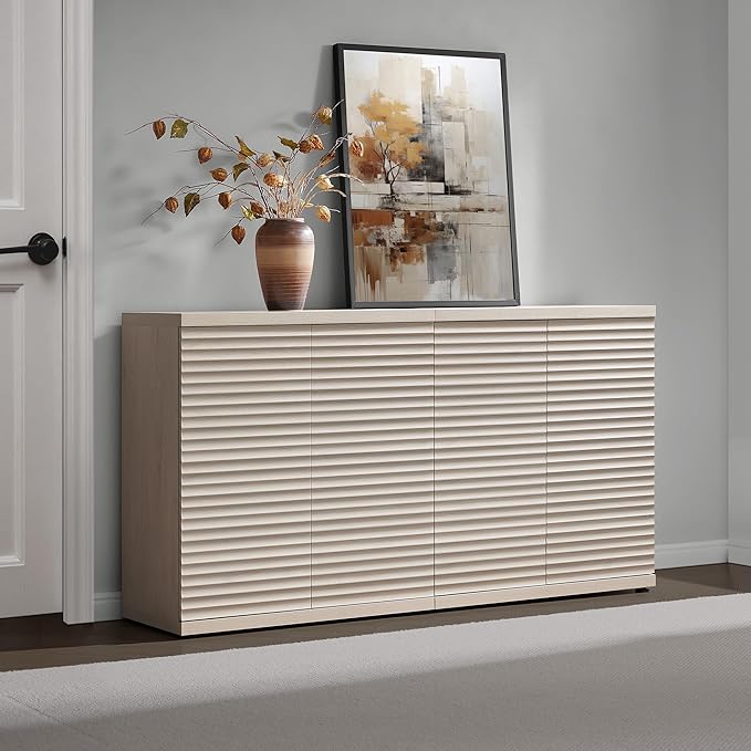 SICOTAS Buffet Cabinet with Storage Accent Sideboard Modern Credenza with Doors & Shelves Fluted Media Console Mid Century Coffee Bar Table for Living Room Kitchen Dining Room Hallway (3PCS)