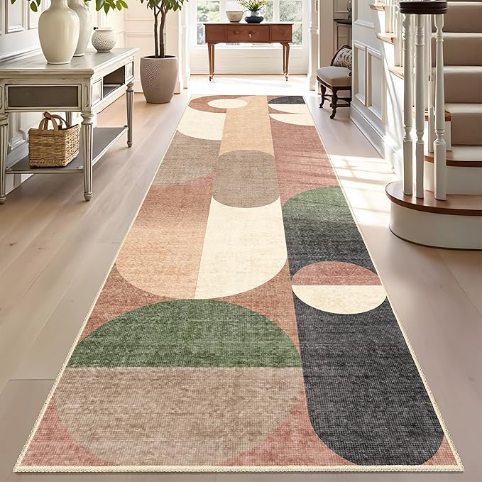 Modern Runner Rug 2x8 Washable Rug Runners for Hallway Kitchen,Long Rugs for Bedroom Entryway Bathroom,Non Slip Retro Orange Geometric Floor Carpet