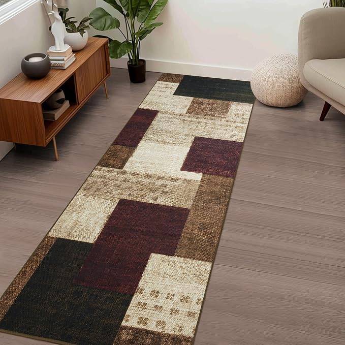Modern Geometric Patchwork Indoor Runner Rug for Living Room, Red 2.7'x 10' Rug Rockwood Collection Hardwood Floors Decor for Bedroom, Burgundy Throw Carpet for Office Entryway Dining Room