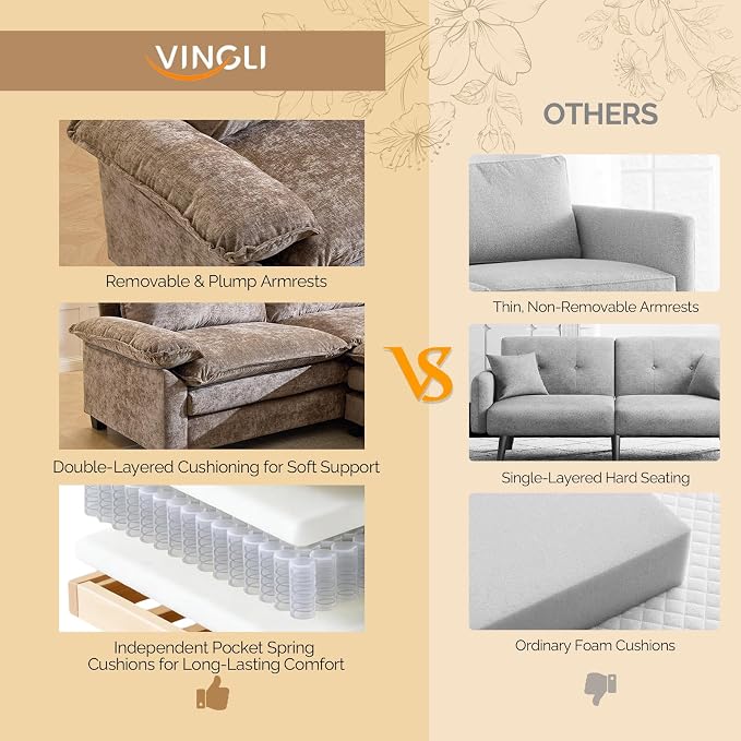 VINGLI Convertible Sectional Loveseat Sofa with Deep Seat &Movable 2-Layer Ottoman, Oversized L-shape Cloud Sofa with Chaise & Armrests, 2-Seat Sofa for Small Spaces & Apartment, Chenille, Light-Brown