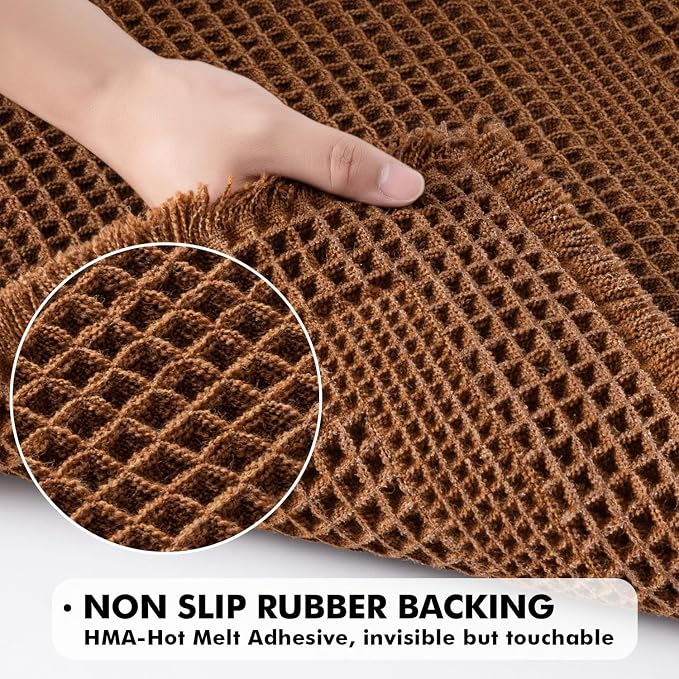 MIULEE Set of 2 Waffle Bathroom Rugs, Terracotta Boho Bath Rug Super Absorbent, Non Slip Washable Ultra Soft Rubber Backed Shower Bath Mats for Floor, Tub, Looped Design, Caramel, 17"x24"+18"x30"