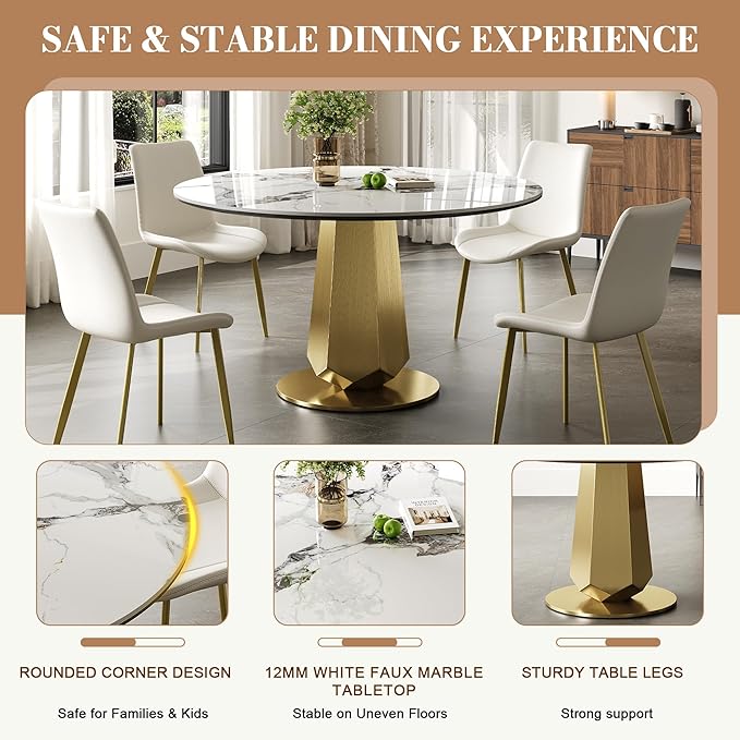 Montary 53” Luxury Round Dining Table with Sintered Stone Top, Modern Kitchen Table for 4-8 People, Gold Stainless Steel Base & Easy Assembly, Artificial Marble Dining Room Table for Home