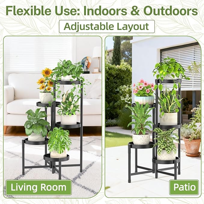 iDavosic.ly Plant Stand Indoor Outdoor, 5 Tier Corner Metal Flower Display Holder Shelf, Folding Tall Orchid Rack for Patio Balcony Porch Garden Living Room House, Black