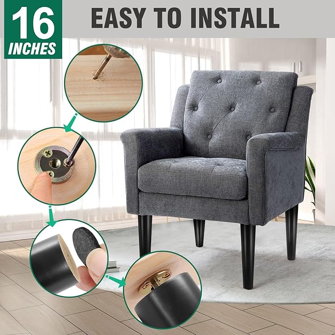 FoDau770 Black Rubber Wood Furniture Legs 16 Inches, Straight Tapered Wood Feet Mid Century Sofa Legs Set of 4, 5/16" UNC Furniture Feet for Cabinet Couch Dresser Chair Ottoman Table