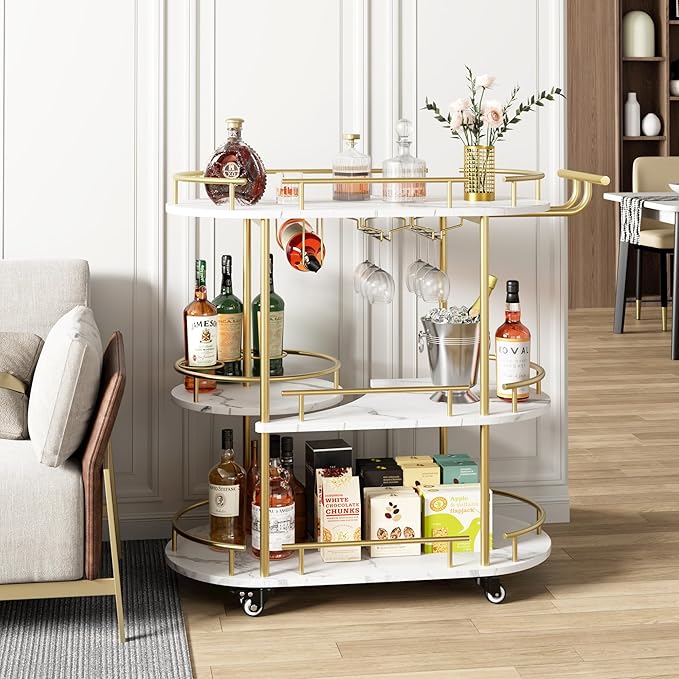 GarveeHome 3-Tier Bar Cart on Wheels, Mobile Serving Cart with Wine Rack and Glass Holder, Metal Kitchen Utility Cart for Coffee Station, Mini Home Bar, Dining Room - Gold+White